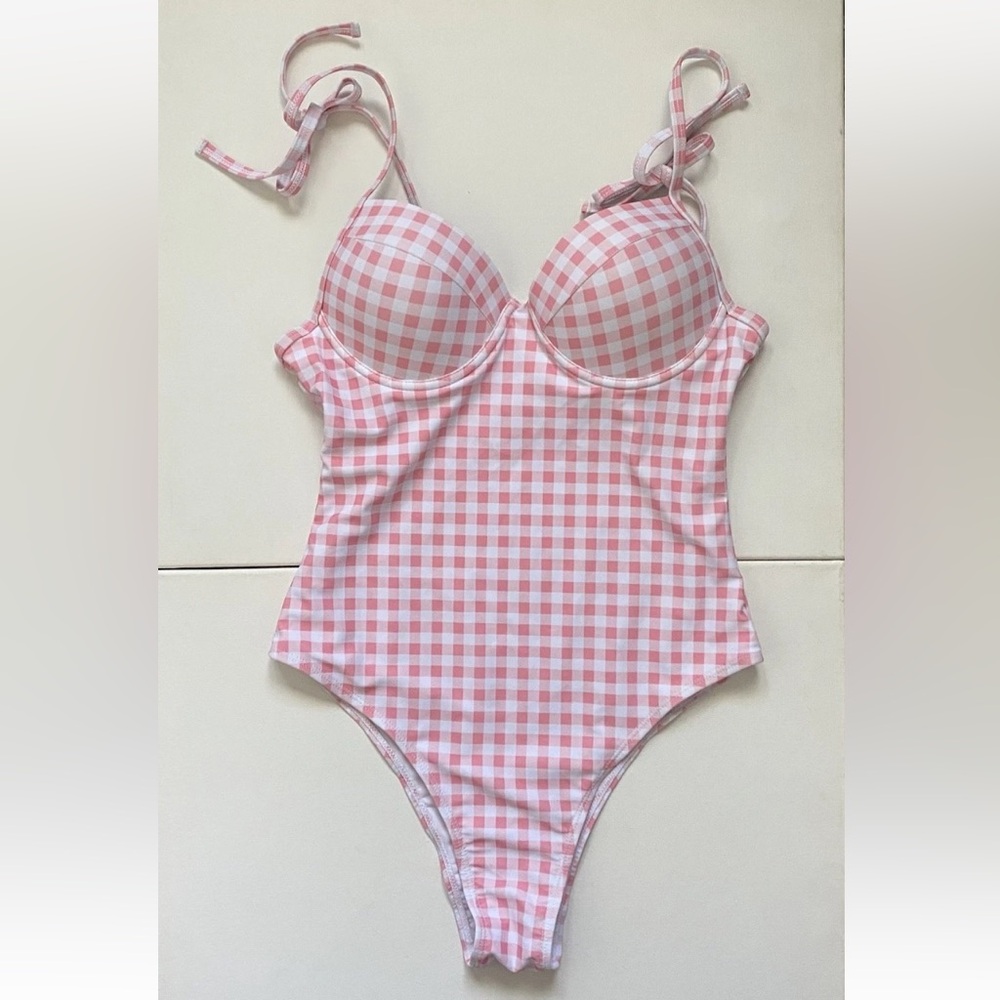 Women's Tie Strap One Piece Bustier Swimsuit Pink Gingham Print Small